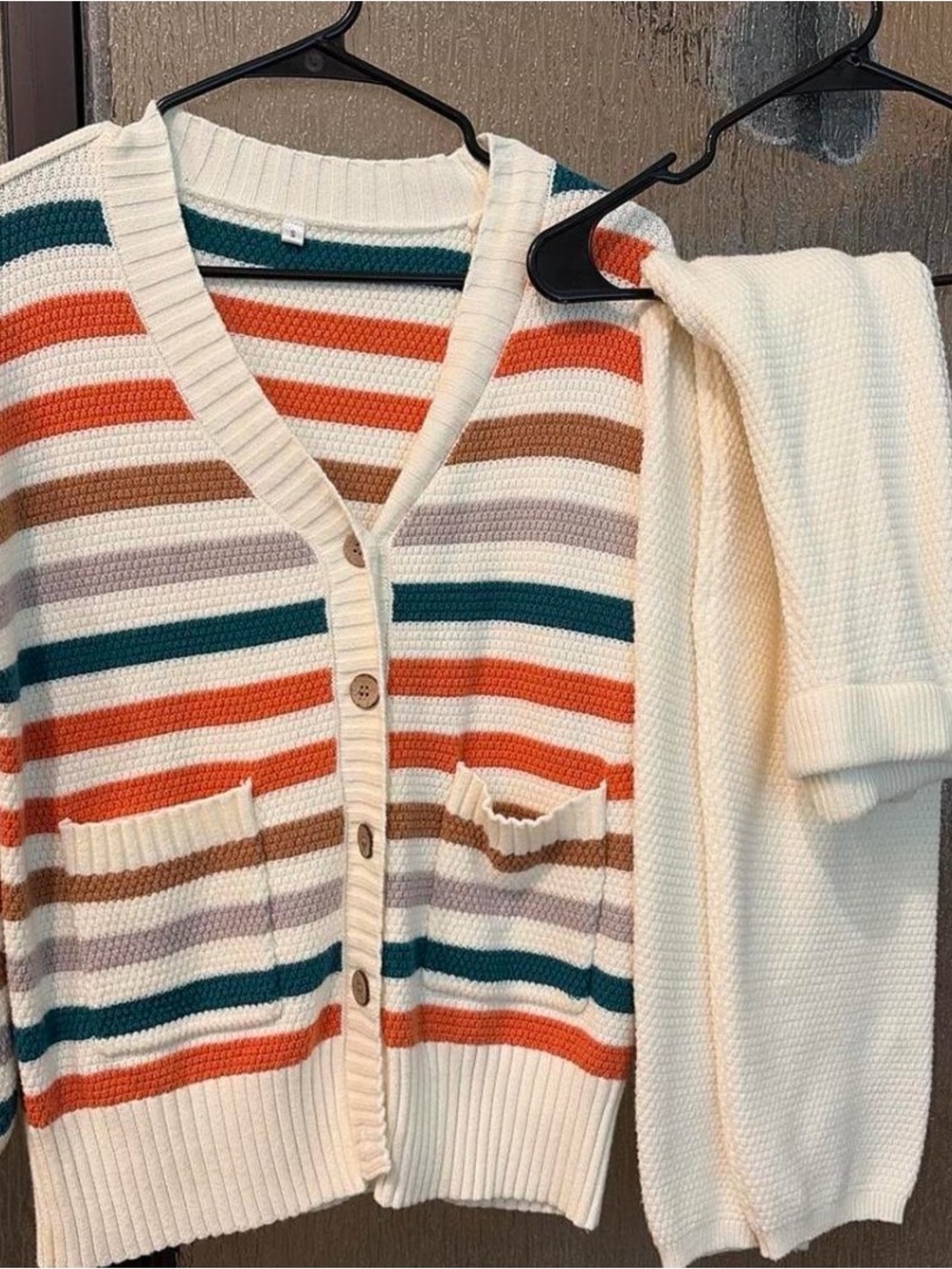 Cream Striped V-Neck Button Cardigan Sweater